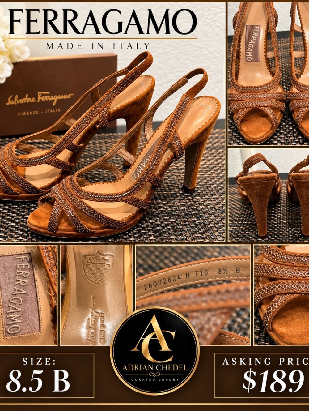 Salvatore Ferragamo Tan Suede Strappy Peep-Toe Slingback Heels